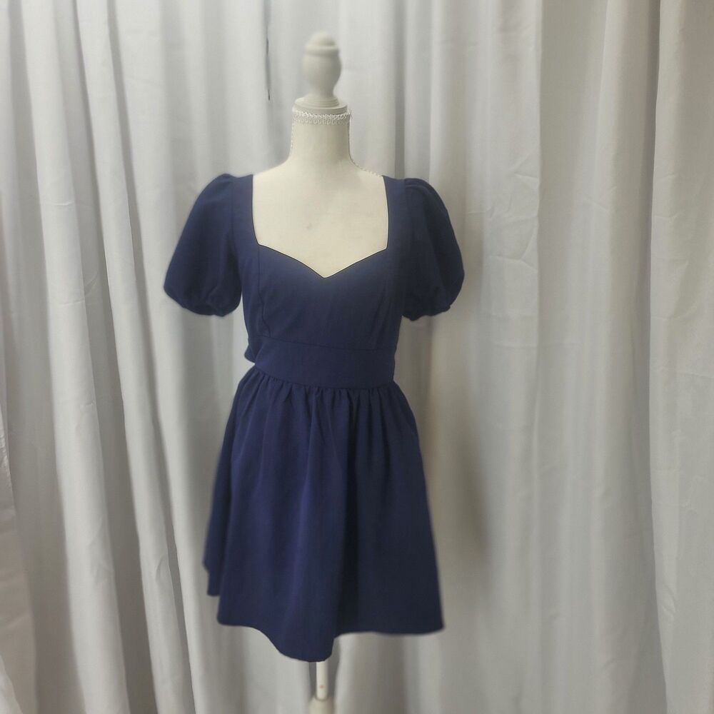 Altar'd State Navy Blue Puff Sleeve Tie Open Back Mini Dress Size S Cottagecore
